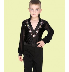 White royal blue black rhinestones Boys kids child children toddlers v neck long sleeves competition professional leotard latin ballroom salsa cha cha dance shirts tops 