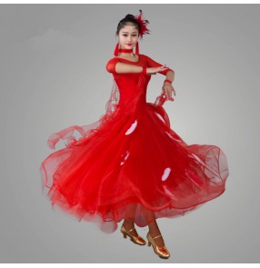 White royal blue red feather colored middle  long sleeves  round neck womens women's ladies female competition professional standard  tango waltz ballroom  dance full skirted dresses 