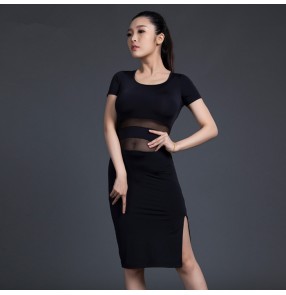 Wine black colored short sleeves women's ladies female competition professional latin samba salsa cha cha dance dresses