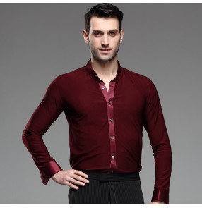 Wine colored mens men's male man long sleeves stand collar standard professional competition ballroom latin jive waltz tango dance dress shirts tops 