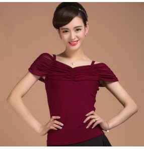 Wine colored women's ladies female short sleeves  dew shoulder sexy fashionable latin ballroom tango waltz dance tops only 