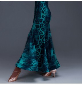 Wine printed turquoise colored velvet women's ladies female competition professional  long length swing hem standard ballroom waltz tango flamenco dance skirt 