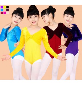 Wine red blue turquoise pink fuchsia violet purple black yellow velvet patchwork long sleeves girl kids child children toddlers leotard gymnastics practice latin ballet dance costumes tops 