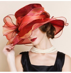 Wine red colored summer high quality  organza shiny handmade fashion floppy large brim  sun hats church hats wedding party bridals event fedoras dress  hats