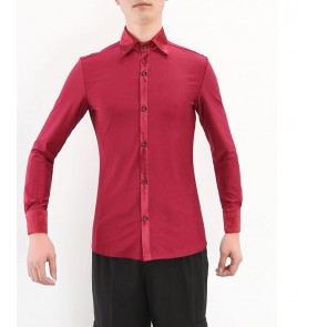 Wine red down collar long sleeves male men's adult competition performance latin samba cha cha jive rhythm latin ballroom dance tops flamenco shirts