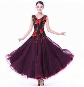 Wine red rose floral fuchsia yellow patchwork long length sleeveless competition women's ladies professional ballroom waltz dance dresses