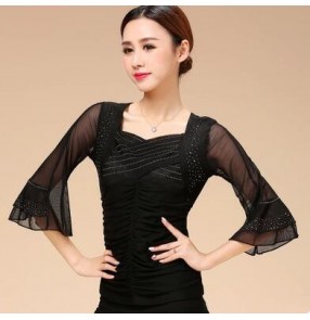 Wome's adult  transparent sleeves latin dance top boat neck
