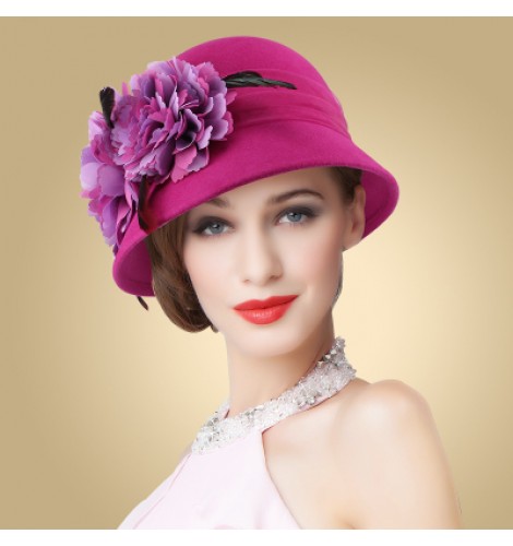 Fedoras & Hats : Women flower fedoras bucket hat 100% wool fuchsia wine ...