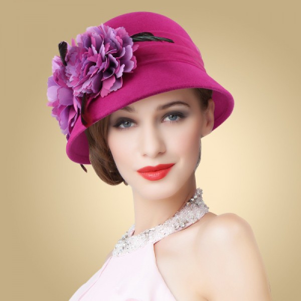 Fedoras & Hats : Women flower fedoras bucket hat 100% wool fuchsia wine ...