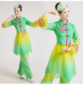 Women girls gradient green long sleeves chinese folk dance costumes yangko traditional fan dance clothes  set