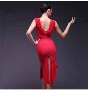 Women girls ladies female red black v neck sleeveless backless back split hem competition latin dance dresses samba salsa cha cha dance dresses