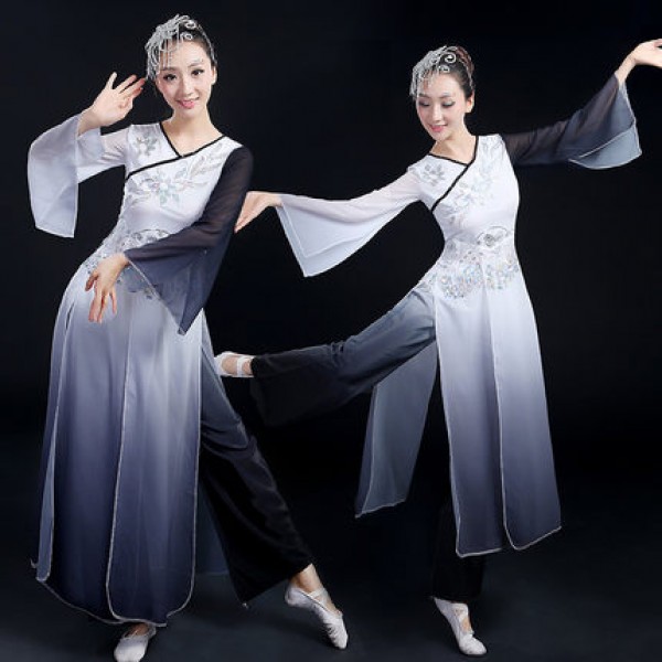 Women ladies female gradient color red and white black and white folk dance  costumes ancient traditional stage performance dance wear dresses sets