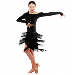 Women long tassel long sleeves latin dance dress set  latin dance top dance skirt