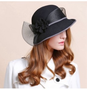 Women's 100%wool handmade black fascinators wedding party fedoras church hat 