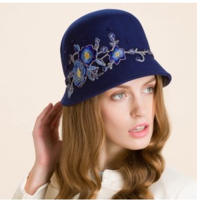 Women's 100%wool handmade embroidery pattern fashionable bucket hats fedoras 