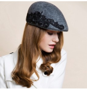 Women's 100% wool handmade fedoras beret  hat one size grey black 