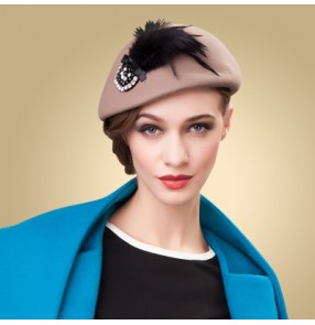 Women's 100% wool pillbox top hats fashionable vintage fascinators hats Khaki