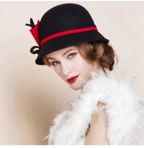 Women's 100% wool red and black short brim wedding fedoras church race hat 