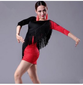 Women's adies red and black patchwork tassel long sleeves latin salsa samba dance dresses
