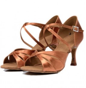 Women's adult cow leather soft sole satin silk shiny bronze color upper high quality professional competition latin ballroom tango dance shoes 5.5cm,7.5cm heeled  