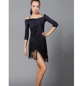 Women's adult female ladies black middle long sleeves dew shoulder sexy fringe competition salsa samba cha cha latin ballroom dance dresses set