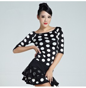 Women's adult female ladies white polka dot zebra patchwork competition latin samba salsa dance dresses set dance wear 