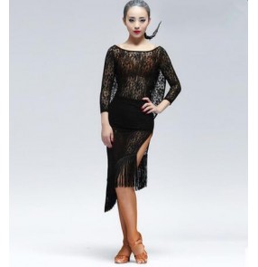 Women's adult lace red black sexy high quality competition long sleeves backless latin dance dresses samba salsa dance dress