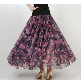 Women's adult ladies female floral chiffon material competition ballroom  standard full skirted flamenco waltz tango dance skirts 