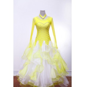 Women's adult ladies yellow white patchwork rhinestones high quality competition professional custom size long sleeves big skirted ballroom waltz tango dance dresses