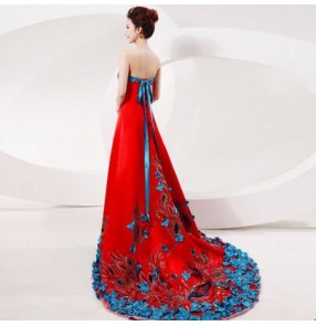 Women's appliques patchwork blue and red long length with big trail evening dress wedding party bridal dress