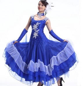 Women's appliques pattern long length full skirt ballroom dance dress tango 