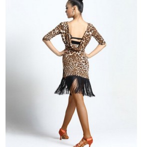 Women's backless middle long sleeves tassel latin dance dress purple black leopard