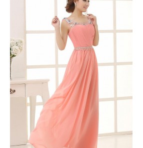 Women's beaded double shoulder long length chiffon wedding evening party bridal dresses bridesmaid dress coral