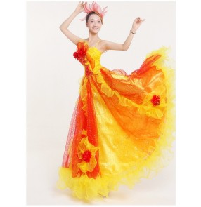 Women's big skirted flora paillette stage performance dress Spanish bull dance dress folk dance  dress yellow 