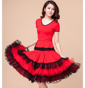 Women's black and red patchwork latin dance dress set top and ruffles skirts 