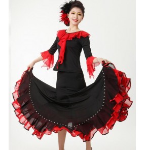 Women's black and red patchwork long length ballroom dancing dress set top and full skirt