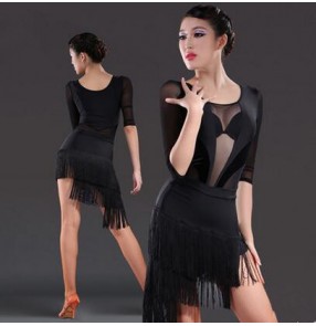 Women's  black deep V neck see through sexy latin dance dresses set top and skirts 