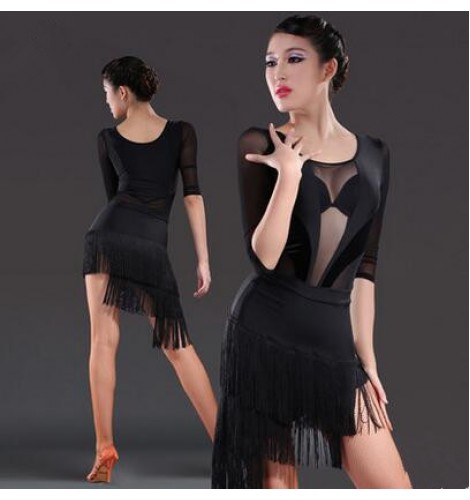 Women's black deep V neck see through sexy latin dance dresses set top ...