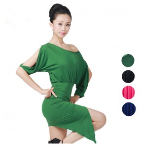 Women's black inclined shoulder irregular hem green blue fuchsia latin dance dresses samba dresses rumba dress with shorts
