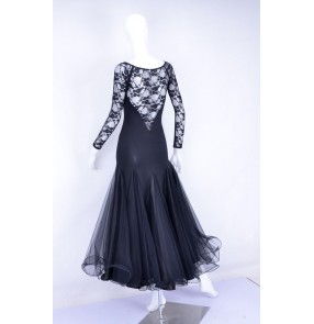 Women's black ladies female sexy lace long sleeves ballroom waltz tango dance dresses S-XXXL