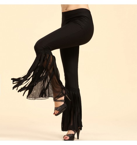 Womens Tassels Long Pants Sexy Slim Latin Ballroom Belly Dance Trousers  Exercise