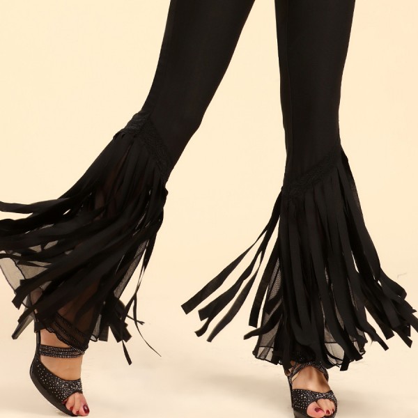 Women's black long tassels wide legs latin samba dance pants