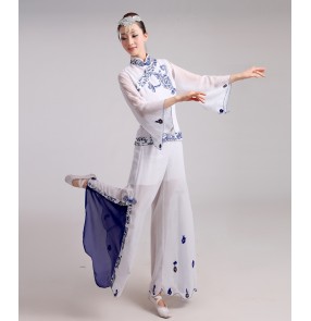 Women's blue and white women's ladies  Chinese folk dance costumes traditional ancient dance dresses top and pants