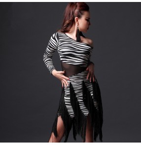 Women's blue brown leopard zebra tassels latin dance dresses samba chacha rumba dance dresses M-XL