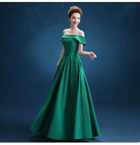 Women's boat neck dark green dew shoulder long length A-line evening party dress wedding bridal dresses