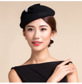 Women's bowknot vintage 100% Australian wool fedoras pillbox hat top dress hat black grey