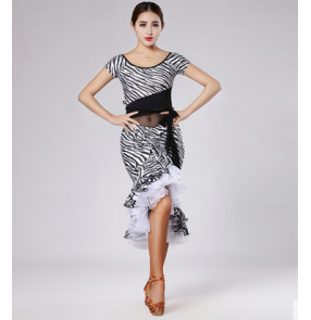 Women's brown leopard printed pattern latin dance dress set dance  top dance skirt 