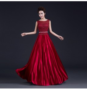 Women's chiffon and lace A-line rhinestone double shoulder decoration wedding party evening dress wine red