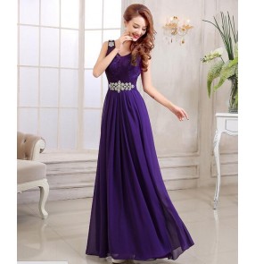 Women's  chiffon  and lace patchwork long bridesmaid dress turquoise violet