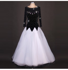 Women's competition long length black and white patchwork rhinestone velvet ballroom dance dress waltz dance